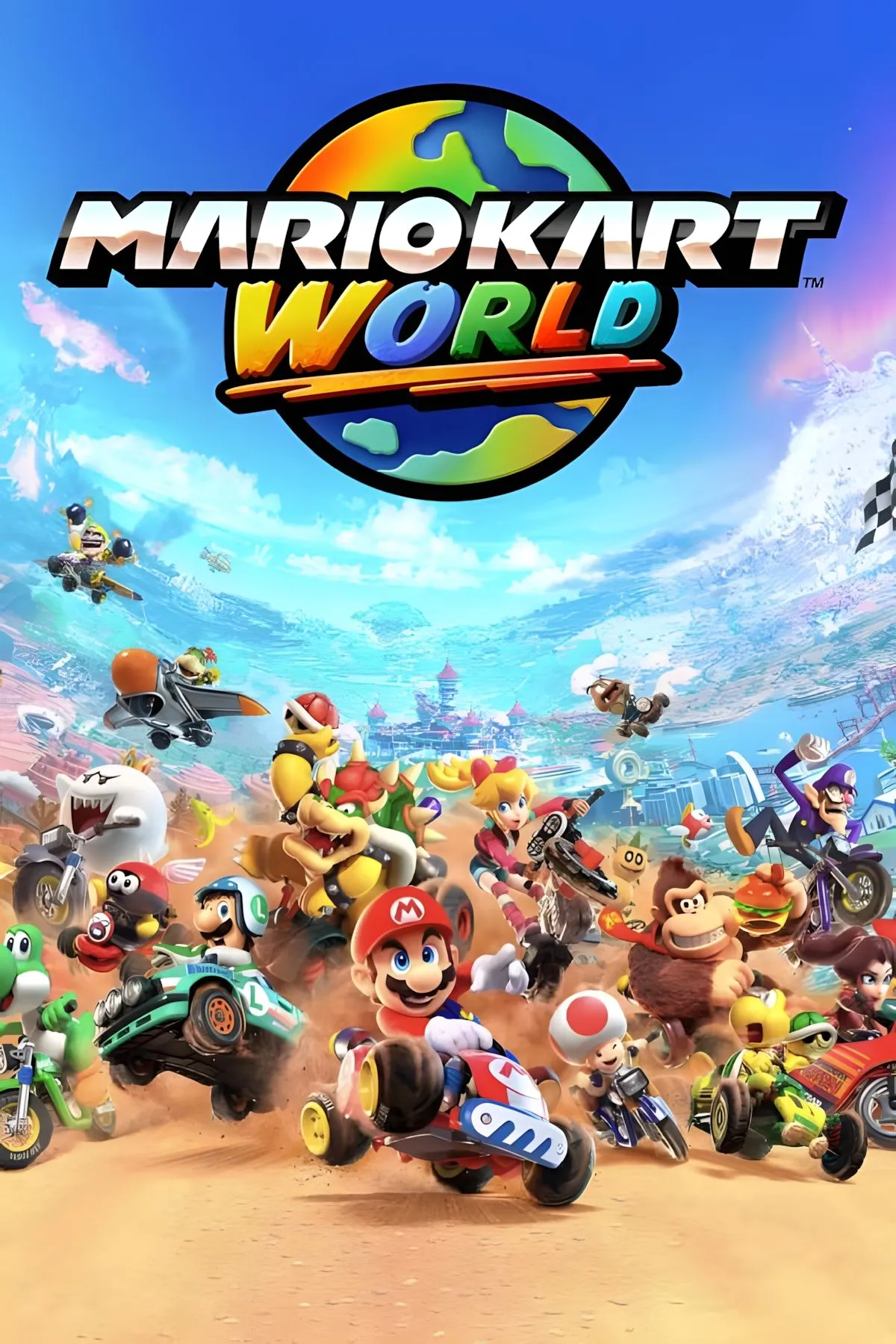 Ảnh bìa game Mario Kart World với Mario và các nhân vật khác đua xe trong một thế giới mở rộng lớn