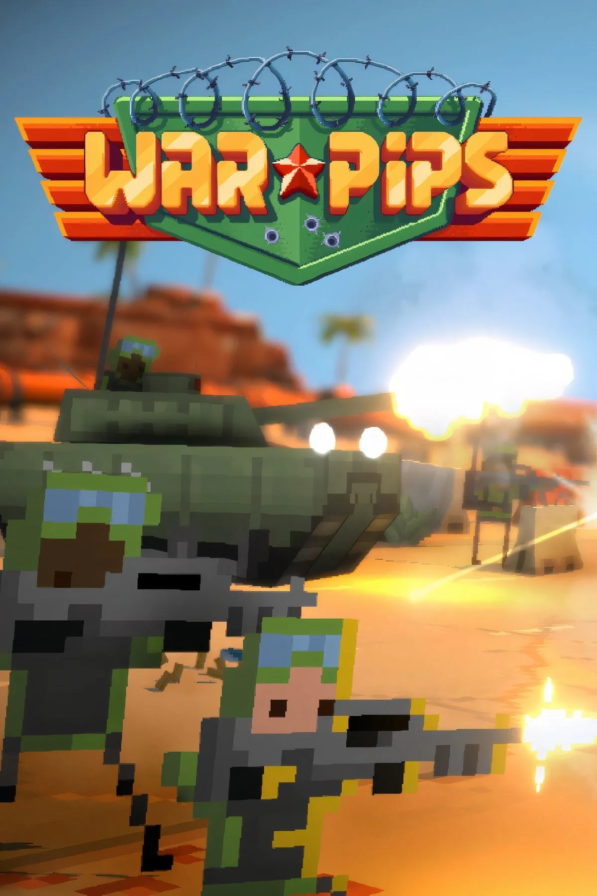 Ảnh bìa game Warpips với phong cách đồ họa hoạt hình, các đơn vị xe tăng và lính đang giao tranh.