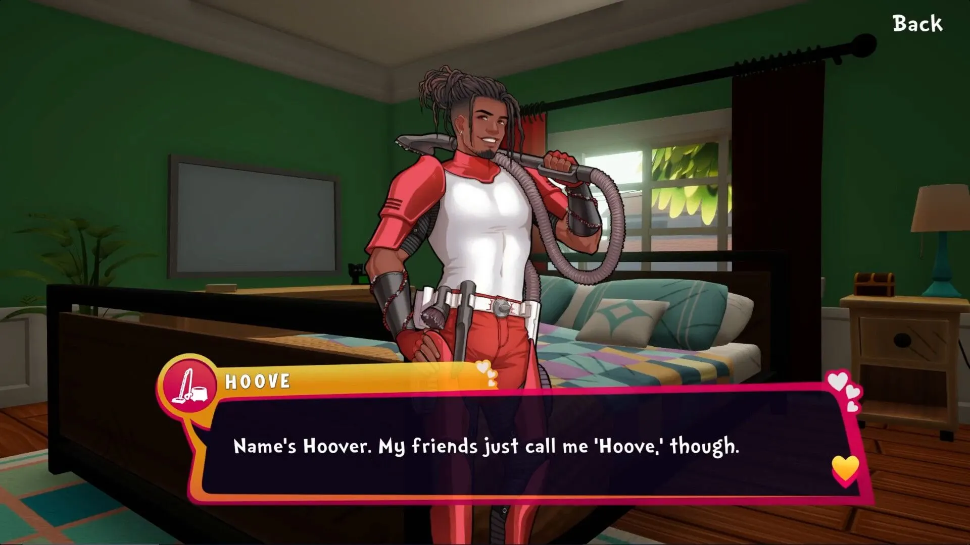 Ảnh quảng bá Date Everything! hiển thị một nhân vật được nhân hóa trong môi trường game.