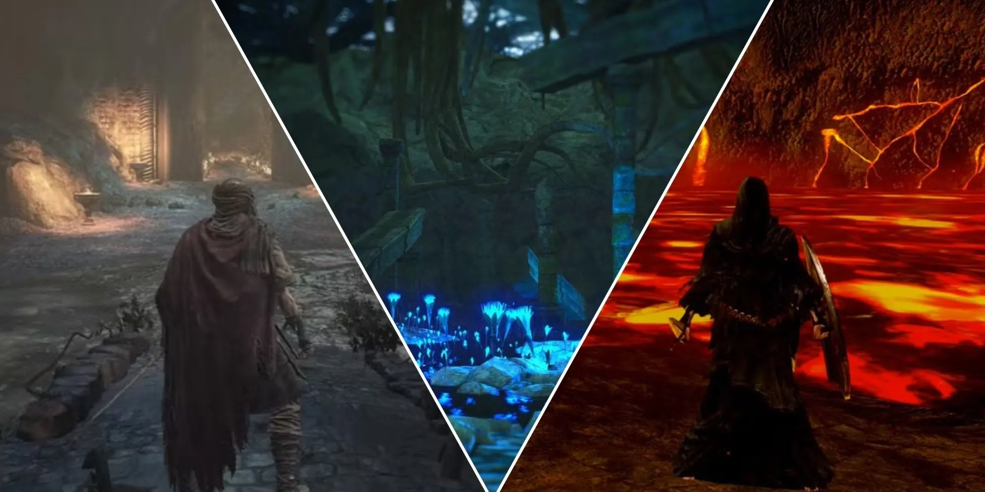 Ảnh tổng hợp một số khu vực khó chịu trong game Soulsborne: Farron Keep từ Dark Souls 3, Shrine of Amana từ Dark Souls 2, và Lost Izalith từ Dark Souls