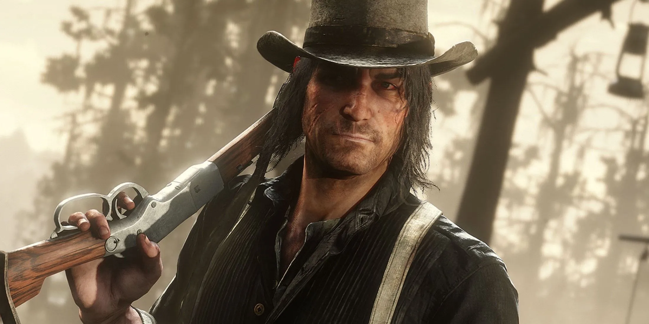 Arthur Morgan của Red Dead Redemption 2 với khẩu súng trường trên vai