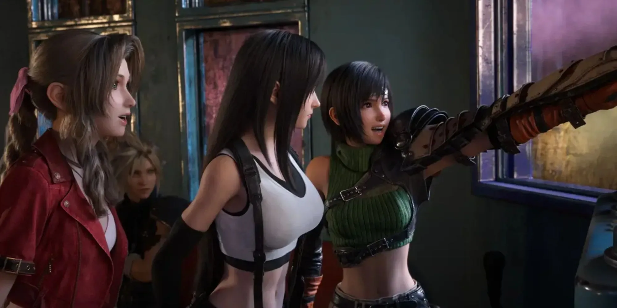 Ba nhân vật chính Cloud, Tifa, Aerith đứng trên đỉnh đồi nhìn về thành phố Midgar trong game Final Fantasy VII Rebirth