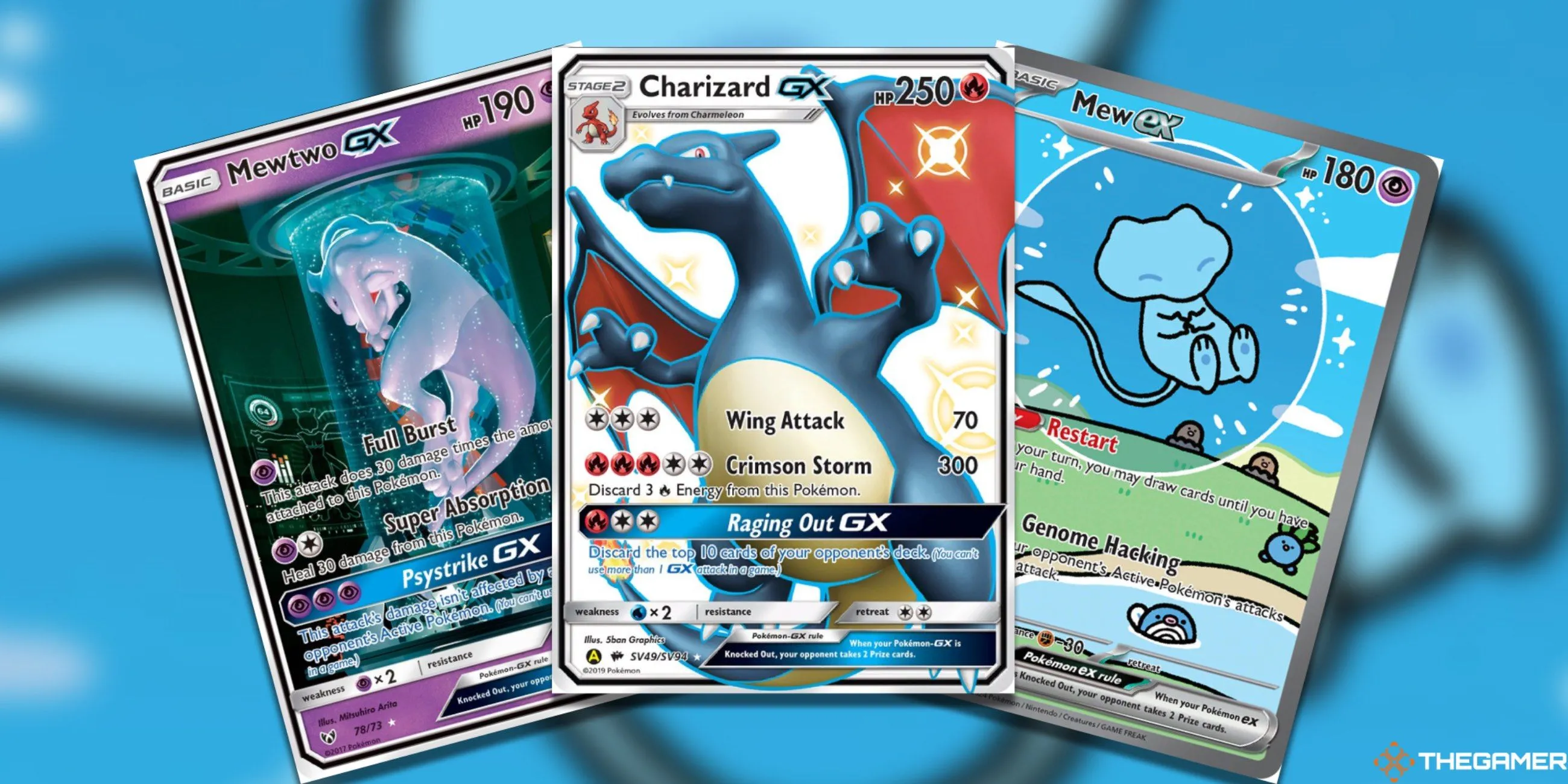 Ba thẻ bài Pokemon TCG: Mewtwo GX, Charizard Alternate Arts và Mew ex Special Illustration Rare