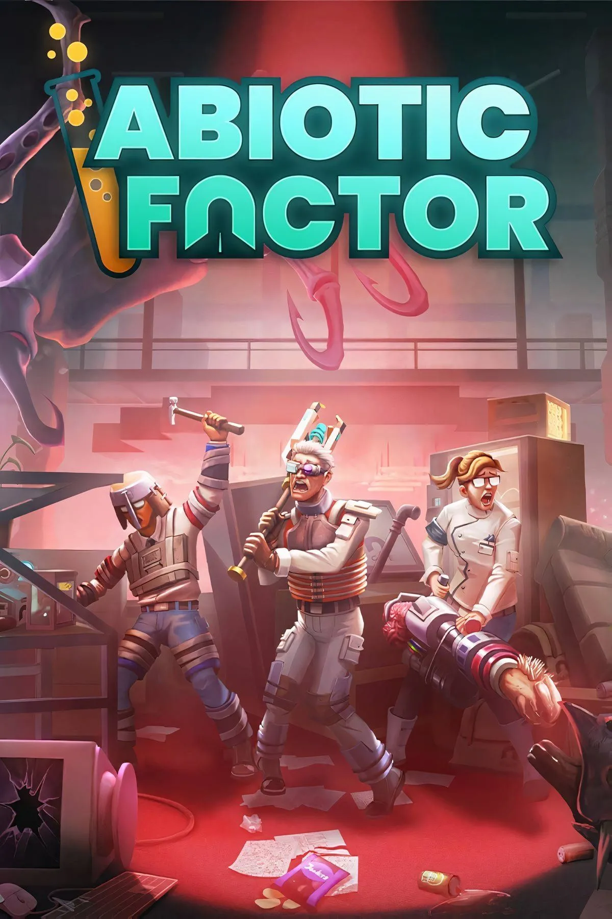 Bìa Abiotic Factor, thể hiện môi trường nghiên cứu ngầm và nhân vật trong game