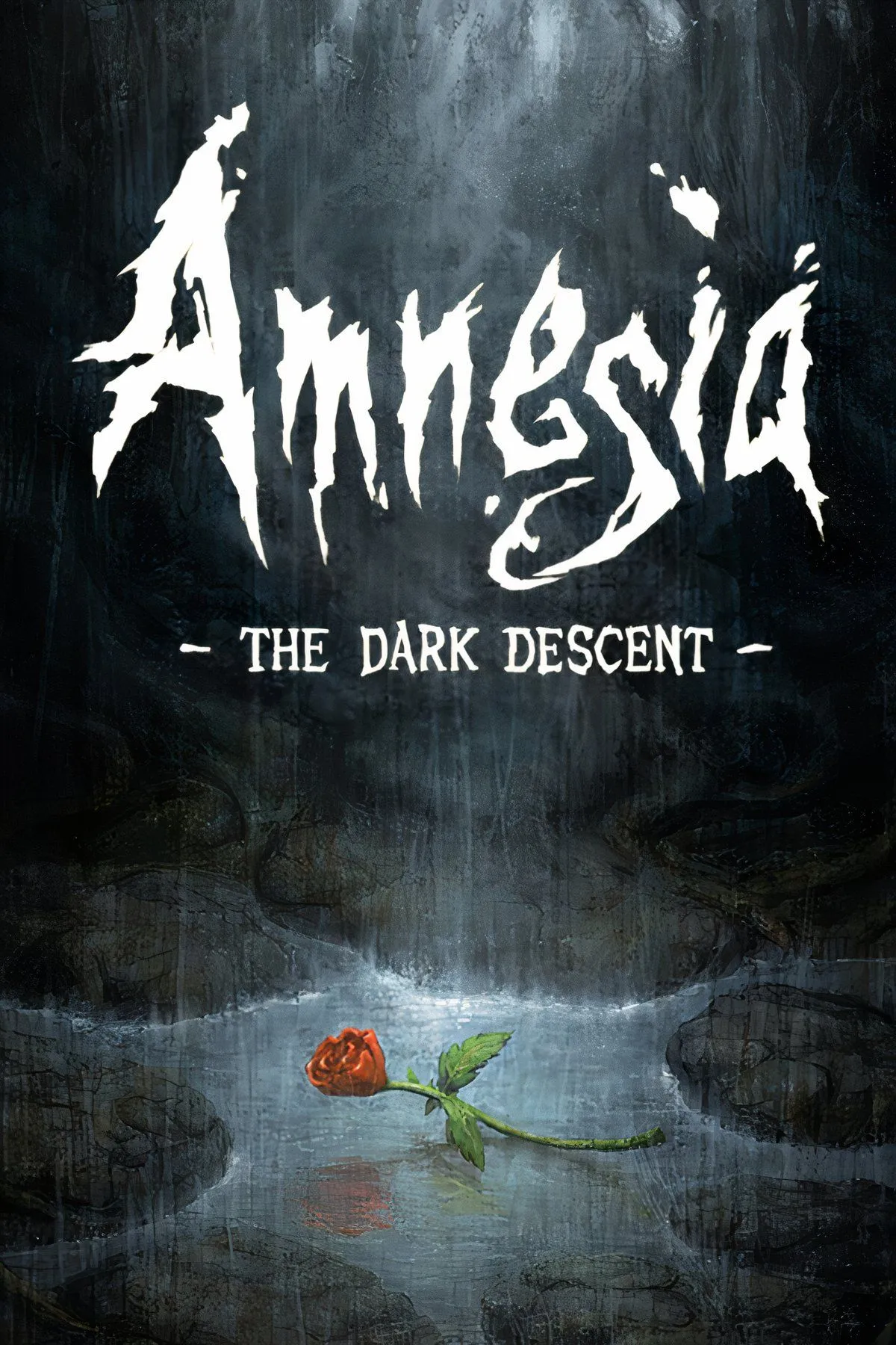 Bìa game Amnesia: The Dark Descent, với hình ảnh lâu đài u tối và người chơi lạc lối trong bóng tối và nỗi sợ hãi