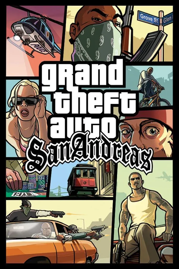 Bìa game Grand Theft Auto: San Andreas, một biểu tượng của thể loại thế giới mở.