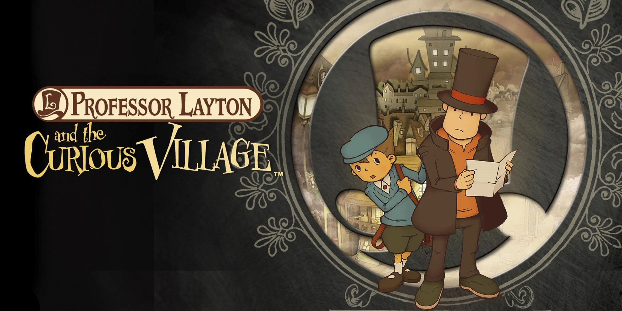 Bìa game Professor Layton and The Curious Village với Giáo sư Layton và Luke.