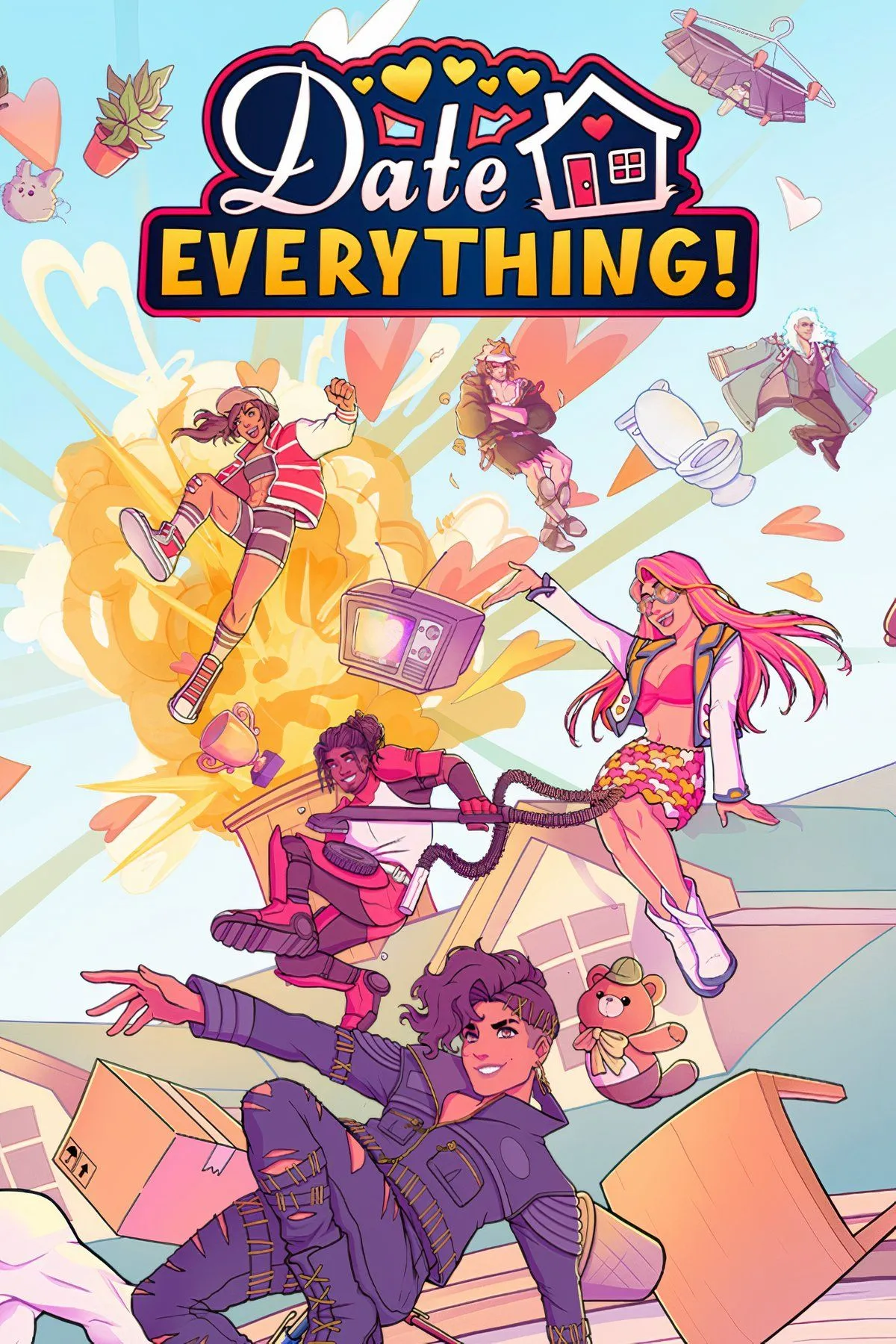 Bộ sưu tập các ảnh quảng bá khác nhau của game Date Everything!, hiển thị nhiều nhân vật được nhân hóa.