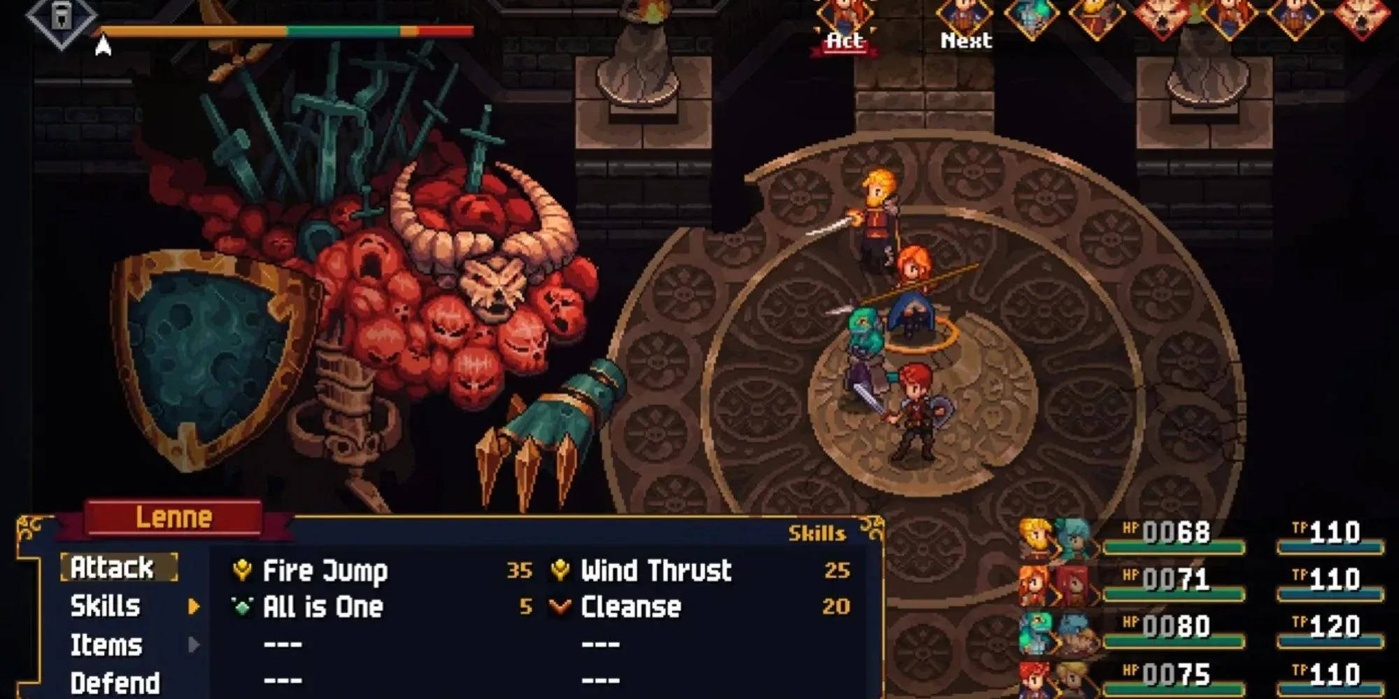 Bốn nhân vật chính đứng cùng nhau trong bối cảnh thế giới pixel art của game Chained Echoes
