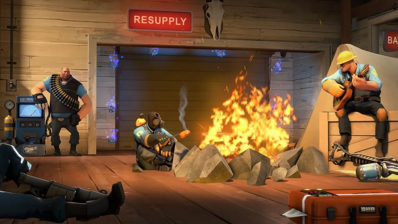 Các game thủ đang &quot;cắm trại&quot; tại điểm hồi sinh (spawn) trong Team Fortress 2, minh họa hành vi &quot;spawn camper&quot; gây ức chế.