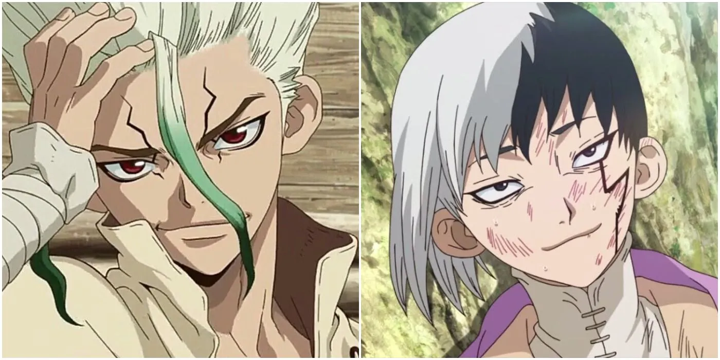 Các nhân vật chính của series anime Dr. Stone, đại diện cho trí tuệ và sức mạnh.