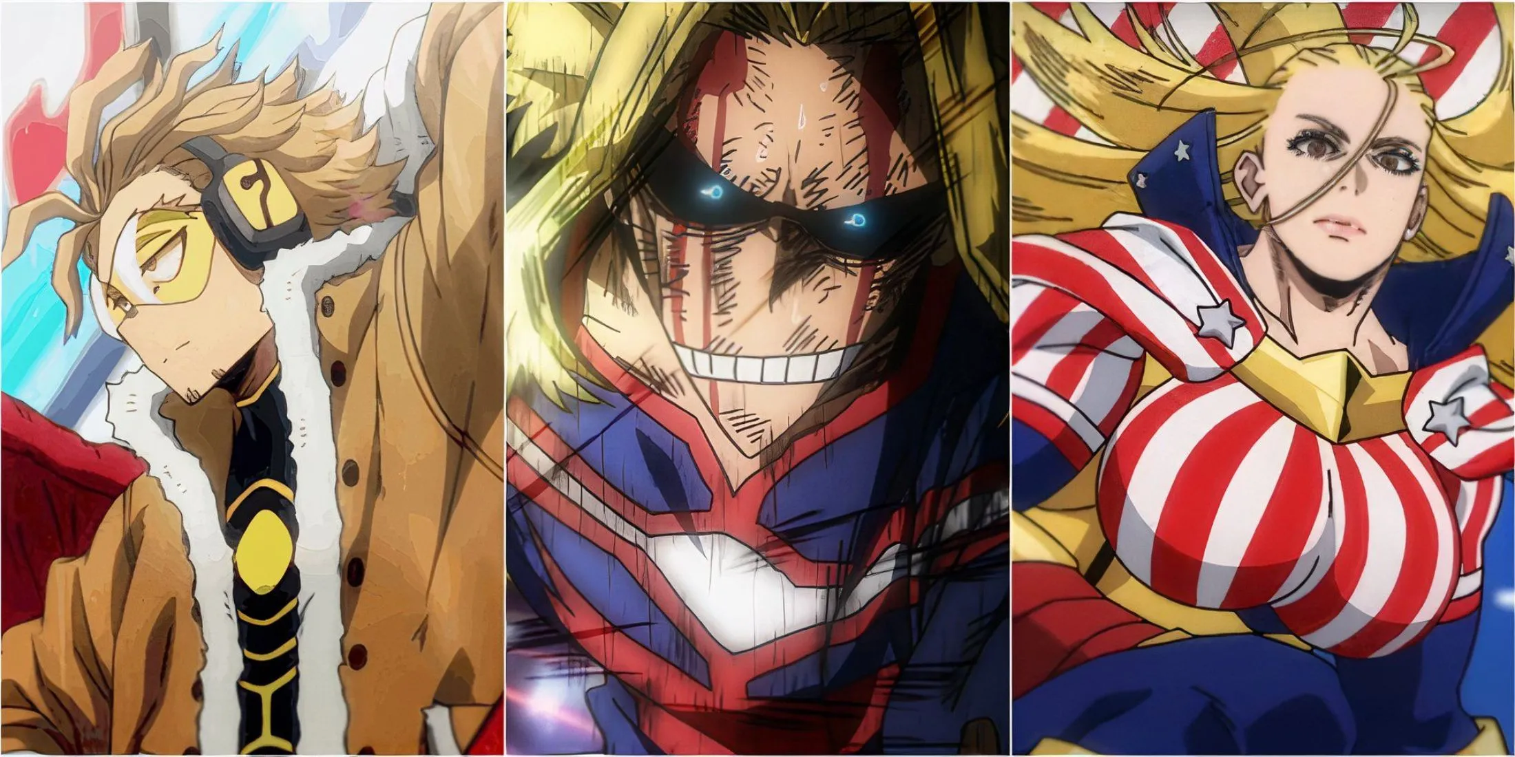 Các Pro Hero hàng đầu như Hawks, All Might và Star and Stripes, những biểu tượng sức mạnh trong thế giới My Hero Academia.
