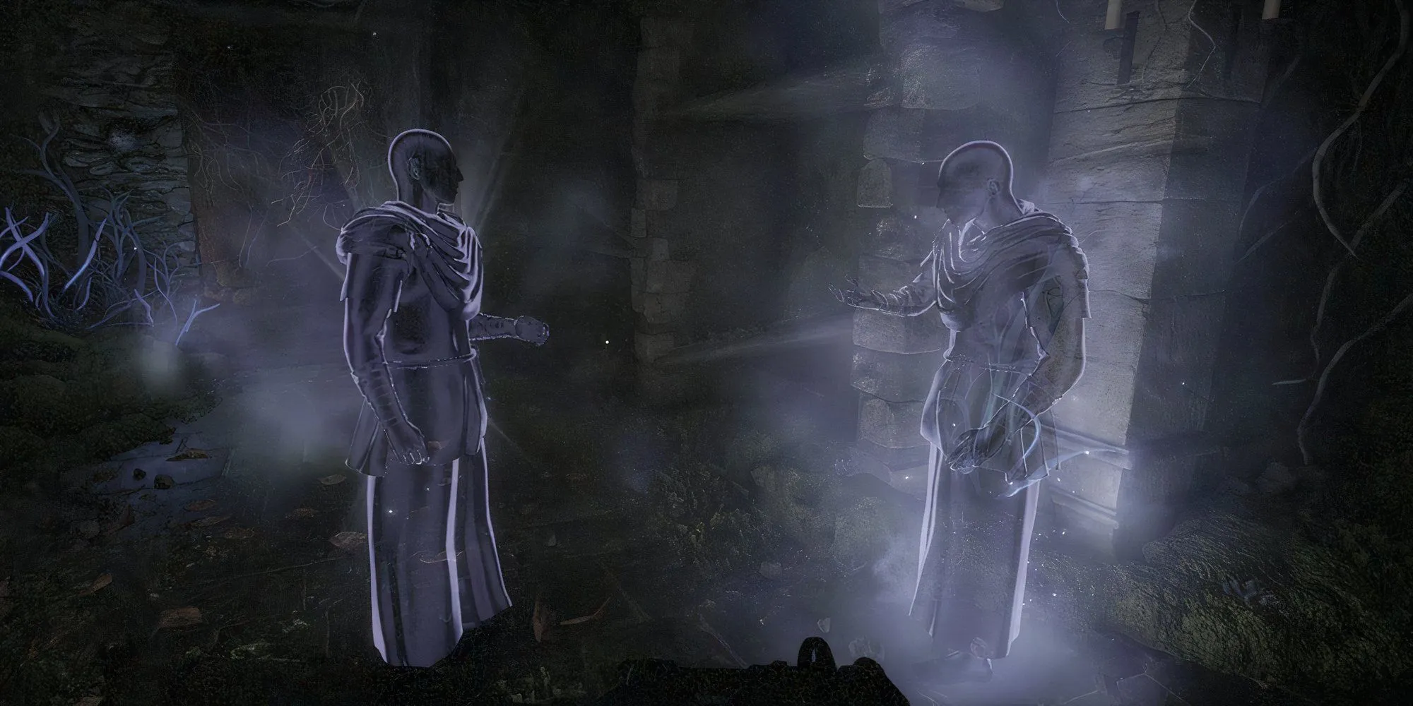 Cảnh cắt (cutscene) mô tả các tu sĩ cổ xưa, một phần của cốt truyện flashback trong Atomfall: Wicked Isle