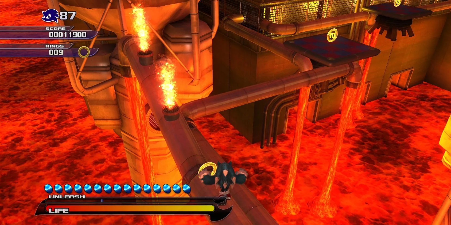 Cảnh di chuyển qua khu vực dung nham trong màn Eggmanland của Sonic Unleashed