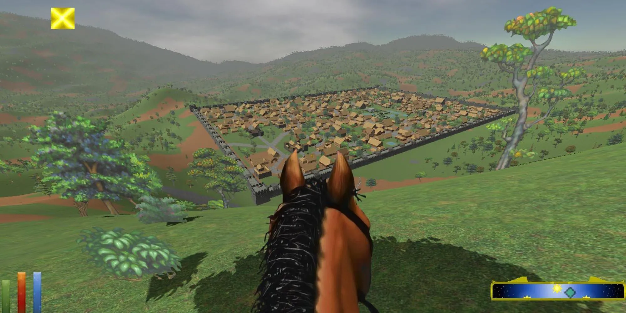 Cảnh nhìn thứ nhất cưỡi ngựa trong The Elder Scrolls II Daggerfall, thể hiện thế giới mở rộng lớn