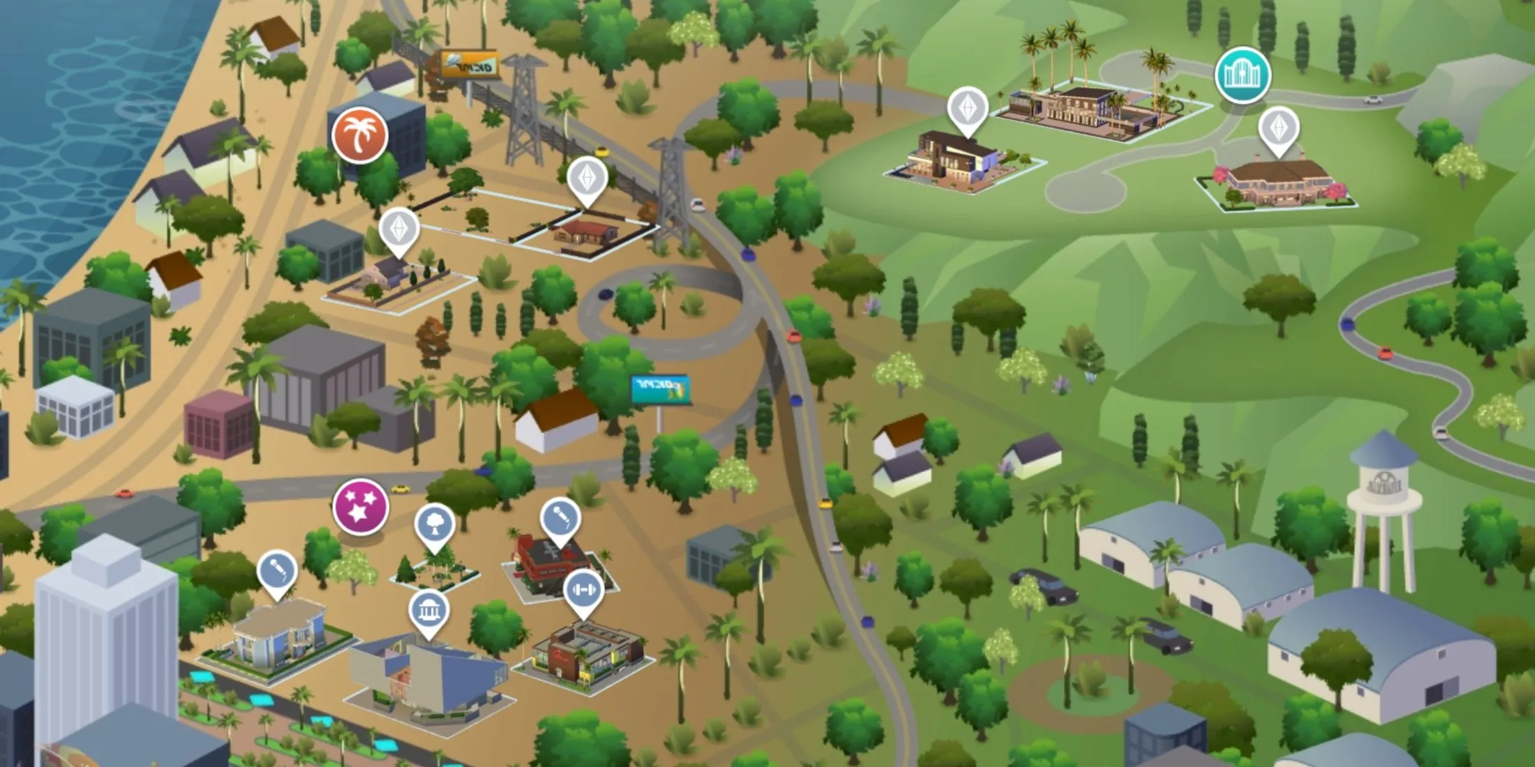 Cảnh quan thành phố Del Sol Valley với khu nhà giàu và đường phố nhộn nhịp trong The Sims 4 Get Famous