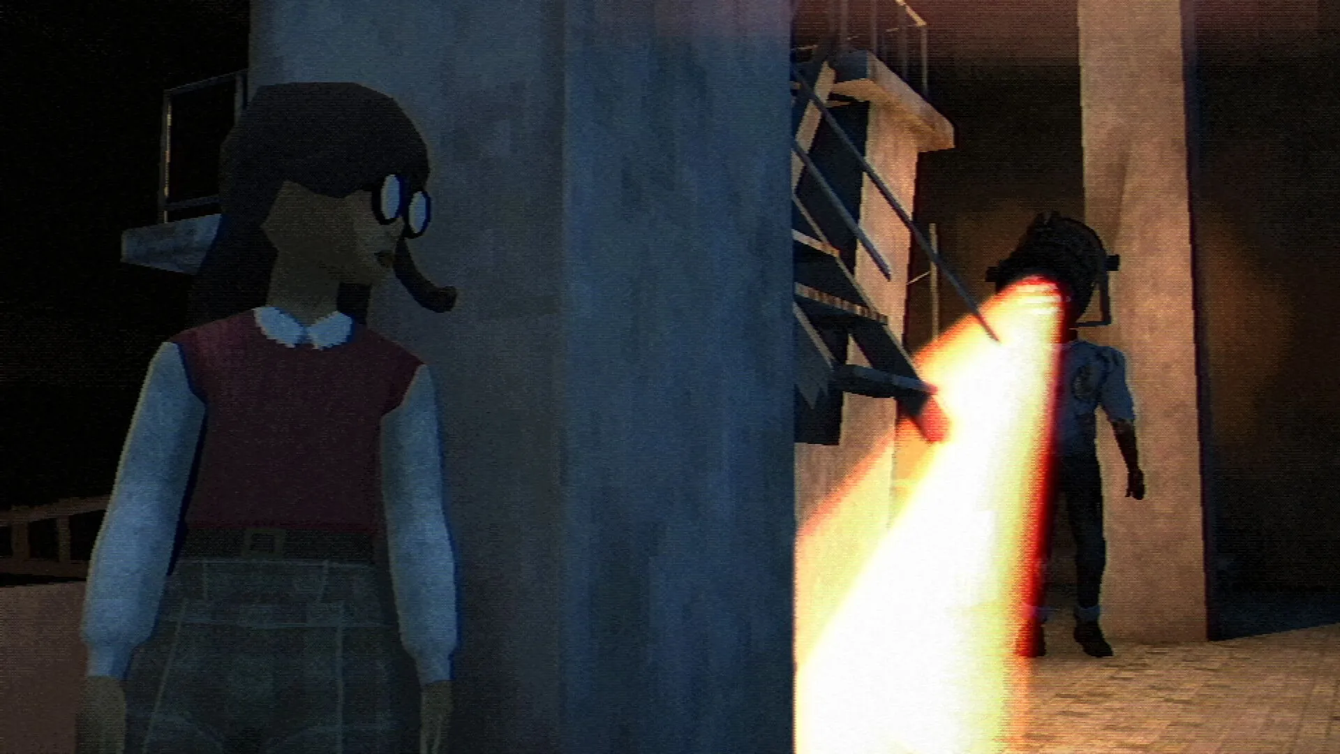 Cảnh trong game Fear the Spotlight, học sinh đang tìm cách trốn thoát khỏi quái vật ánh sáng trong hành lang trường học rùng rợn