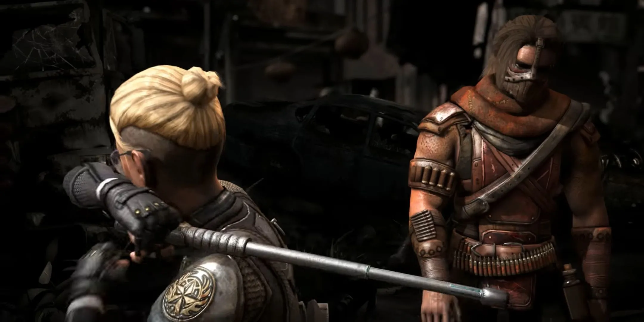 Cassie Cage dùng gậy tấn công Erron Black trong Fatality Selfie ở Mortal Kombat 10