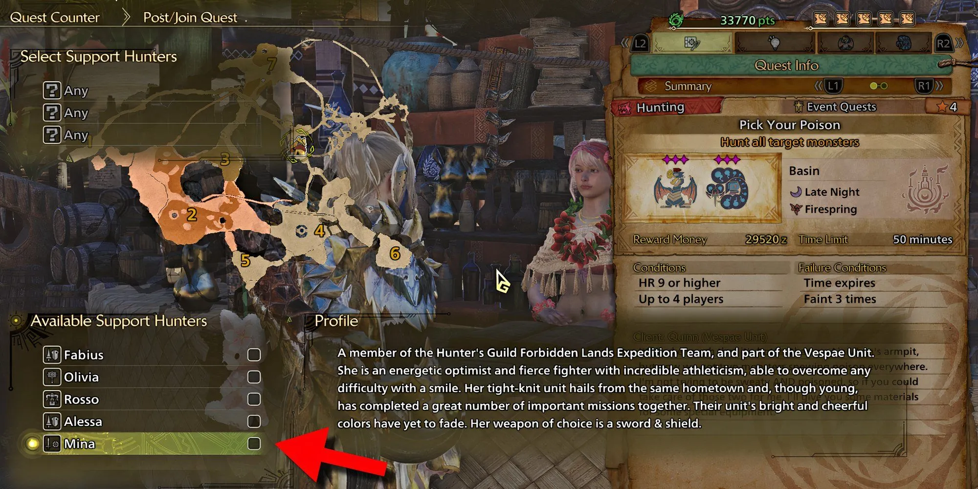 Chân dung và mô tả nhân vật Mina trong Monster Hunter Wilds, thể hiện vai trò là một Support Hunter sử dụng Kiếm và Khiên