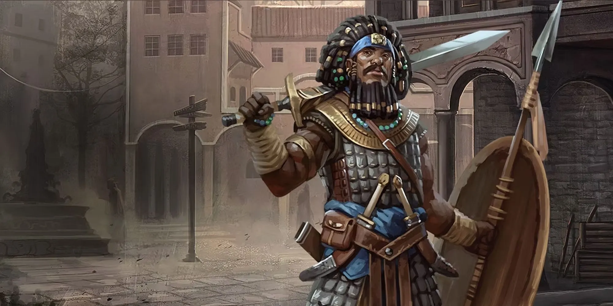Chiến binh Fighter trang bị kiếm, khiên và giáo, thể hiện kỹ năng sử dụng đa dạng vũ khí trong D&amp;D 5e.