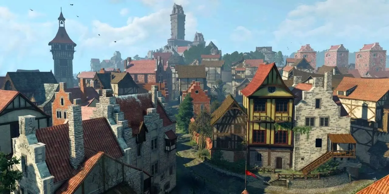 Chim bay lượn trên thành phố cảng Novigrad rộng lớn trong The Witcher 3.