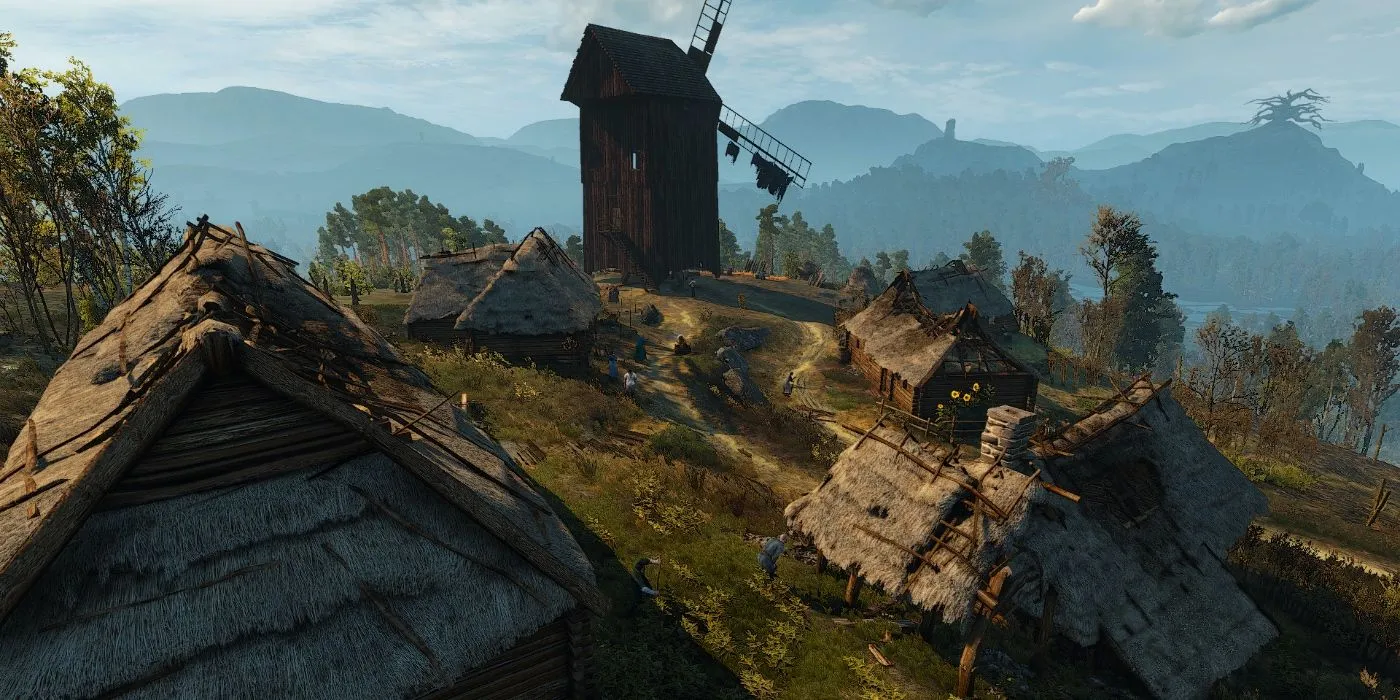 Cối xay gió cũ kỹ tại Benek, một ngôi làng bị ám ảnh trong The Witcher 3.
