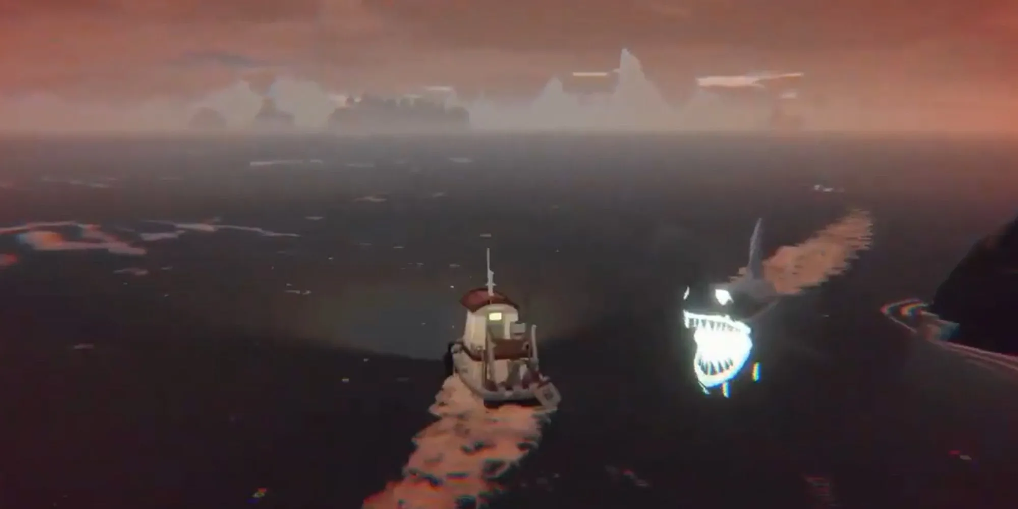 Con cá mập ma quái ẩn mình trong làn sương mù, đại diện cho yếu tố kinh dị Lovecraftian trong game Dredge