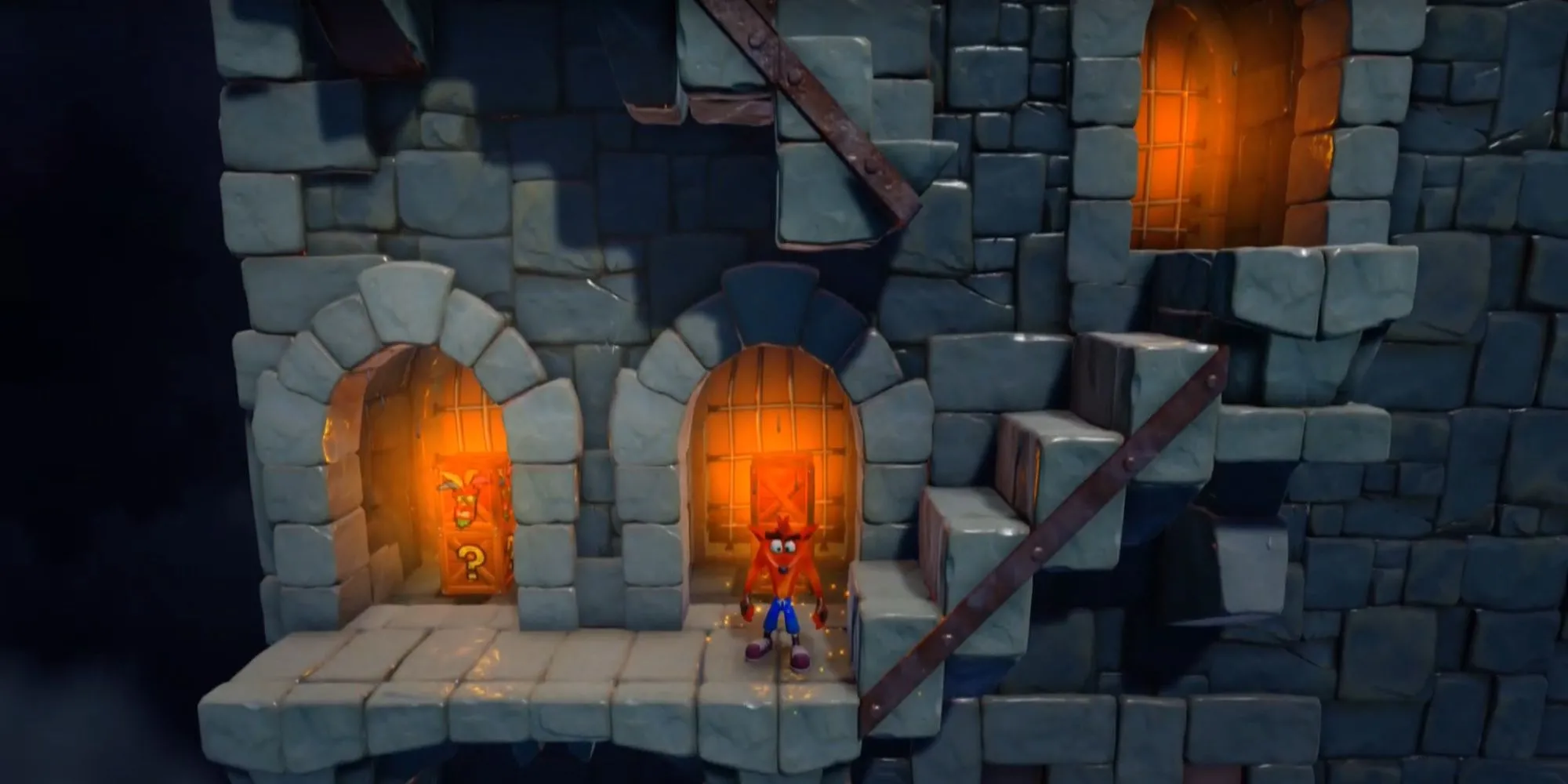 Crash Bandicoot đứng trước cầu thang xoay trong màn Stormy Ascent