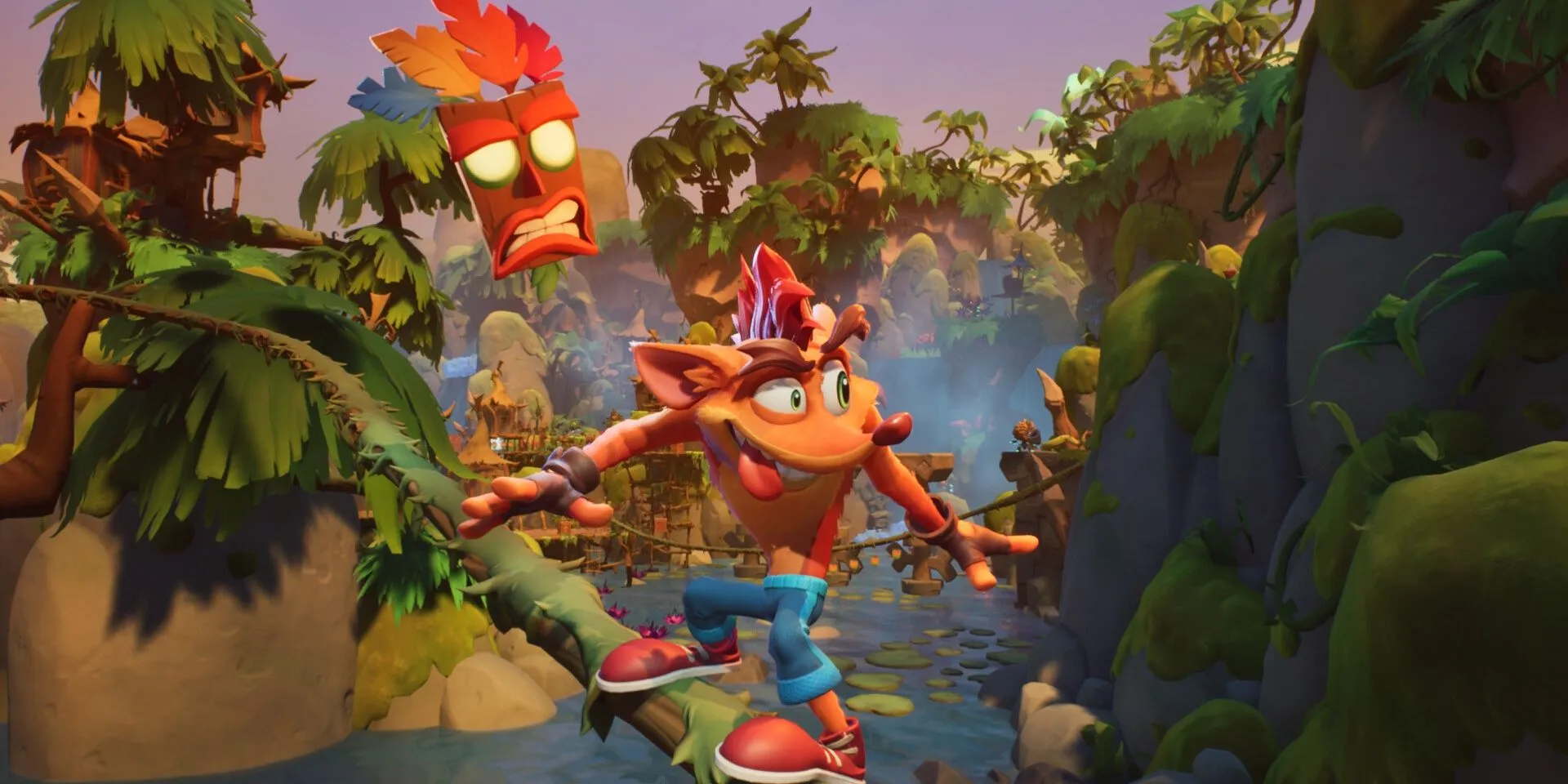 Crash Bandicoot lướt trên dây leo, thể hiện lối chơi platforming cổ điển trong Crash Bandicoot 4: It’s About Time