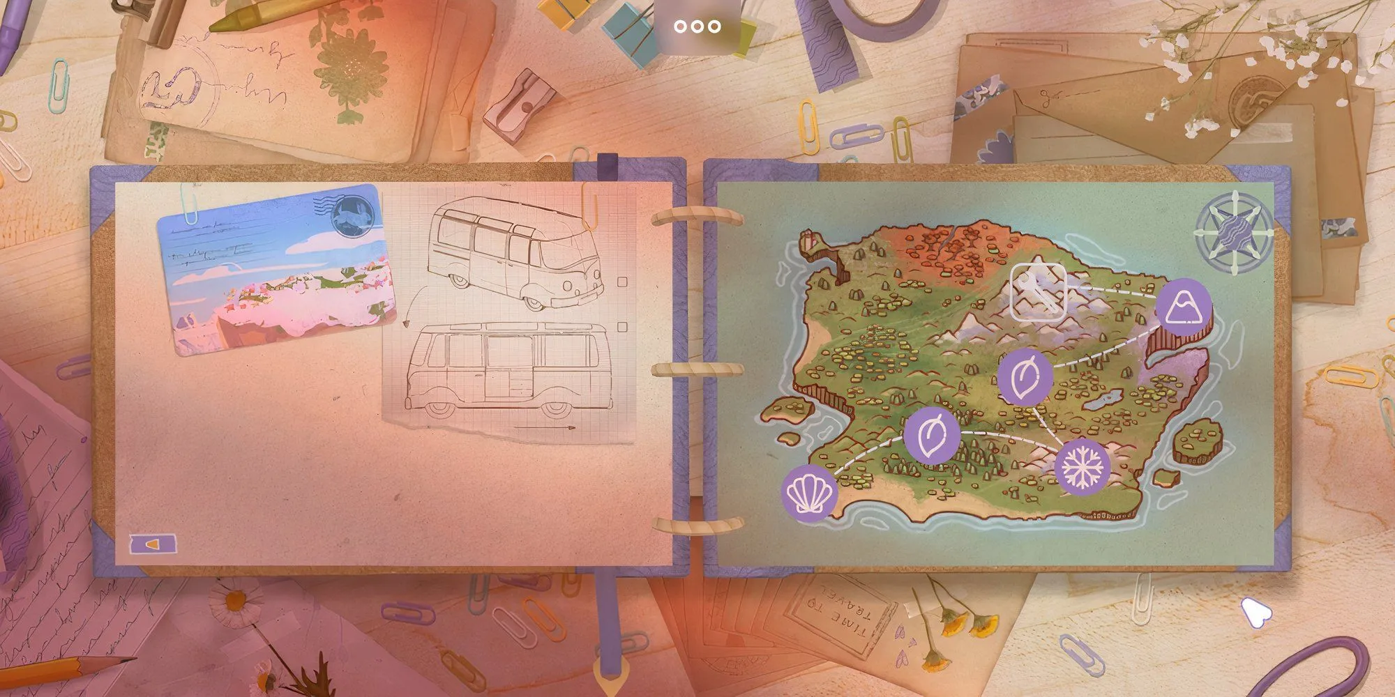 Cuốn 'Life Book' trong game Camper Van Make it Home, thể hiện sự đơn giản và hành trình tiếp theo