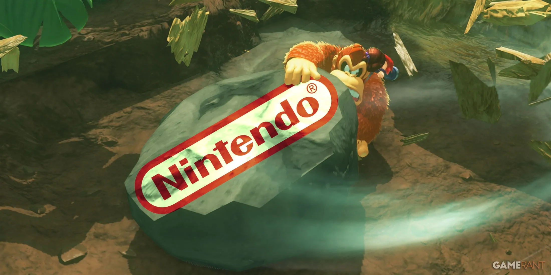 Donkey Kong cùng Rambi lướt trên không trung, thể hiện cơ chế bay độc đáo của Donkey Kong Bananza