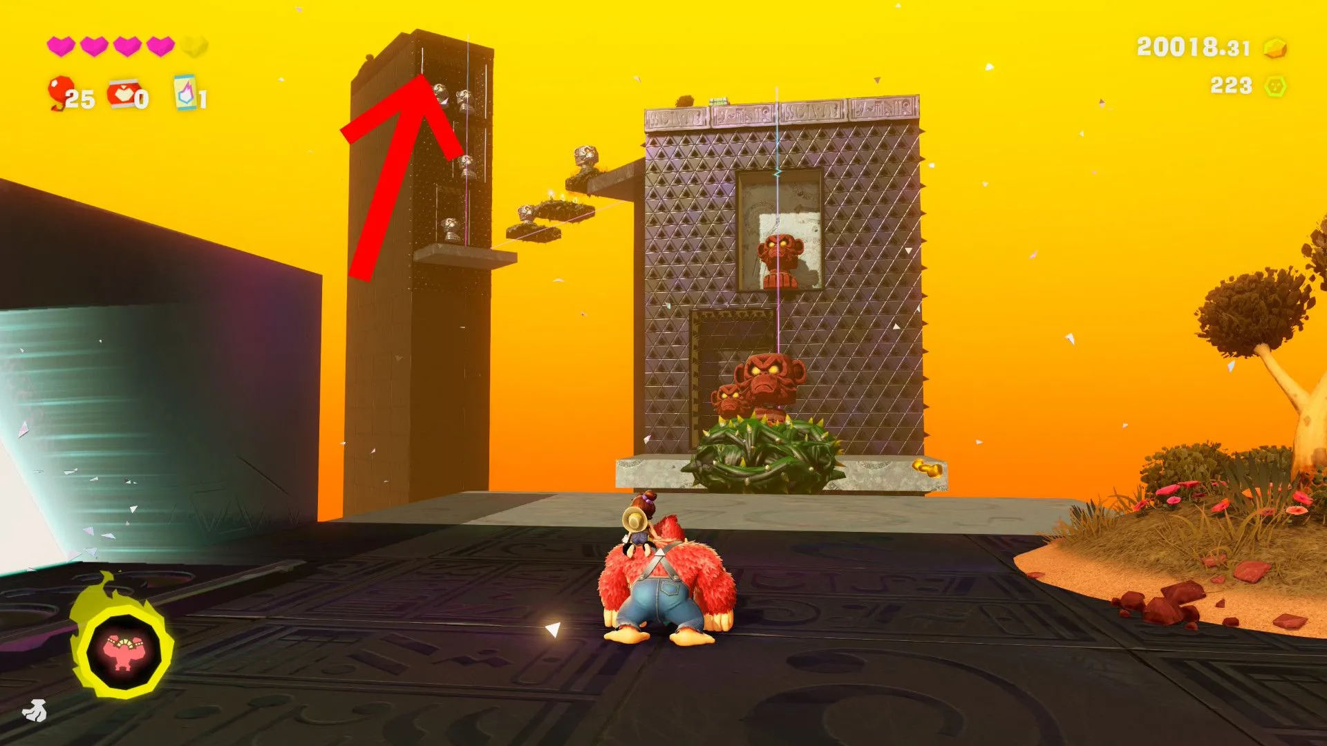 Donkey Kong đối mặt kẻ địch stomping để lấy Banandium Gem số 3 ở cuối màn Stompy Ascent
