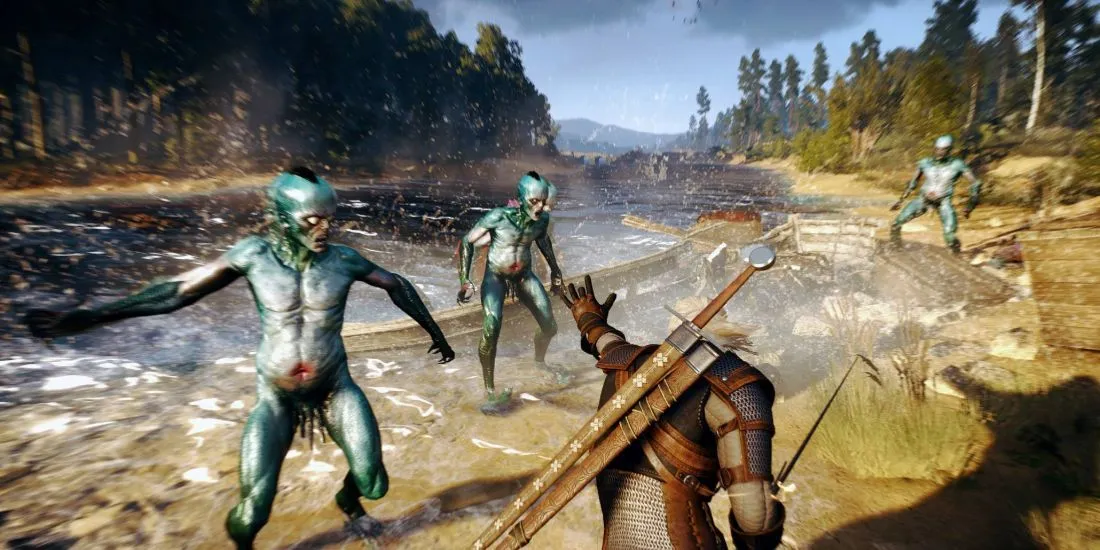 Geralt đang chiến đấu với lũ Drowner nguy hiểm tại khu vực đầm lầy The Witcher 3.
