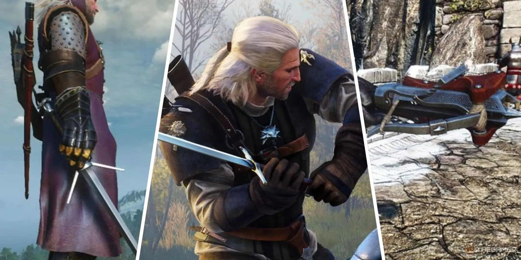 Geralt với kiếm bạc và kiếm thép, sẵn sàng chiến đấu trong The Witcher 3.