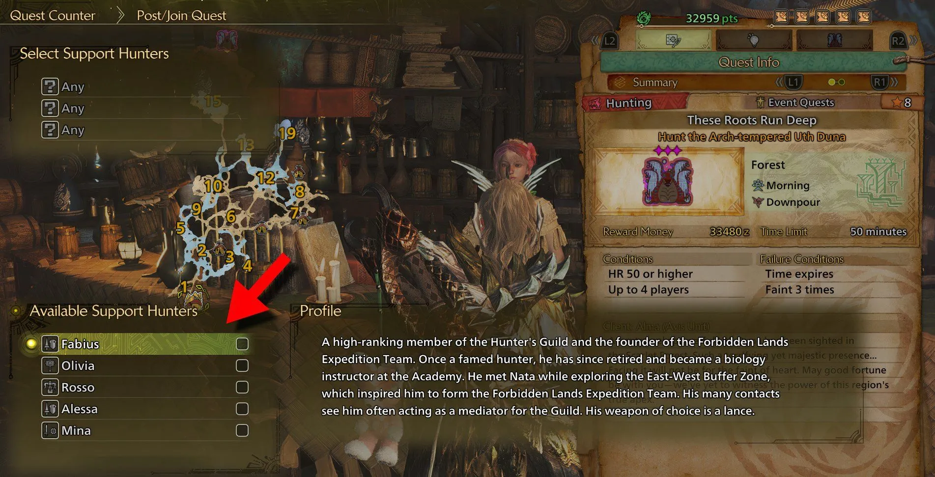 Giao diện chọn Support Hunter Fabius trong Monster Hunter Wilds, minh họa sự góp mặt của thủ lĩnh Hội Thợ Săn