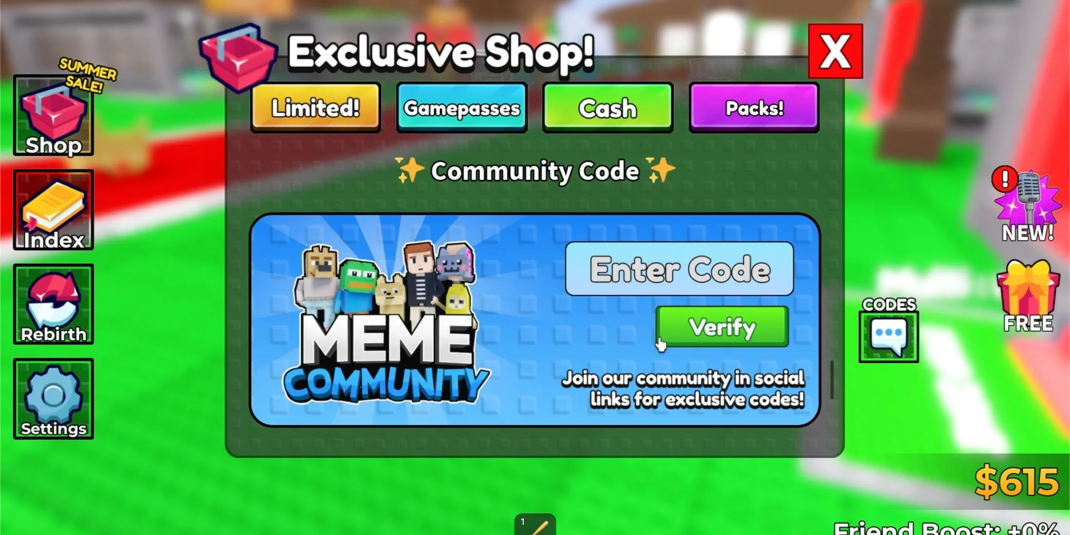 Giao diện cửa hàng trong game Steal a Meme với tab nhập mã code được đánh dấu rõ ràng