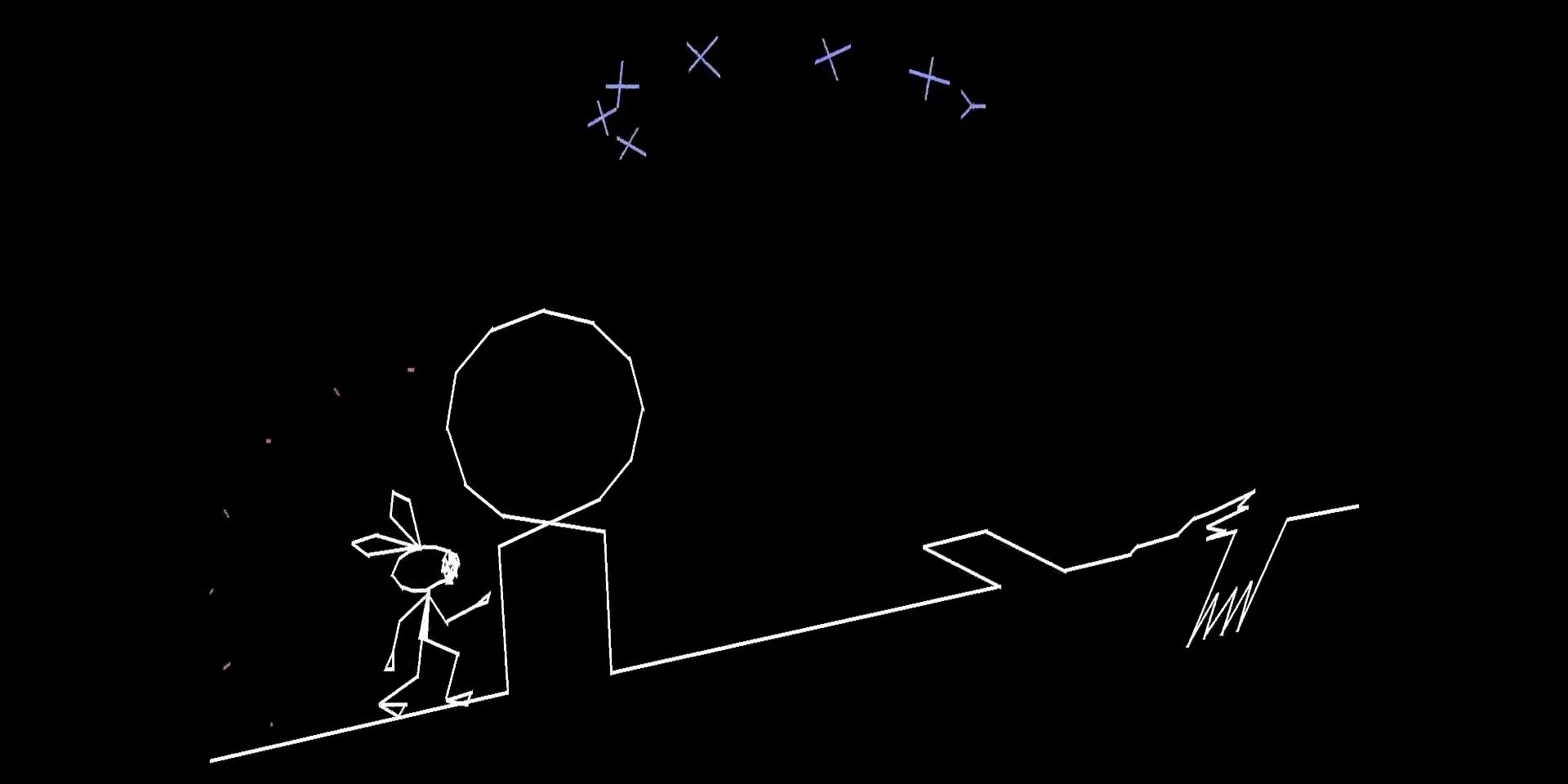 Giao diện đồ họa đường nét đơn giản và nhân vật Vibri né tránh vật cản trong game nhịp điệu Vib-Ribbon trên PS1