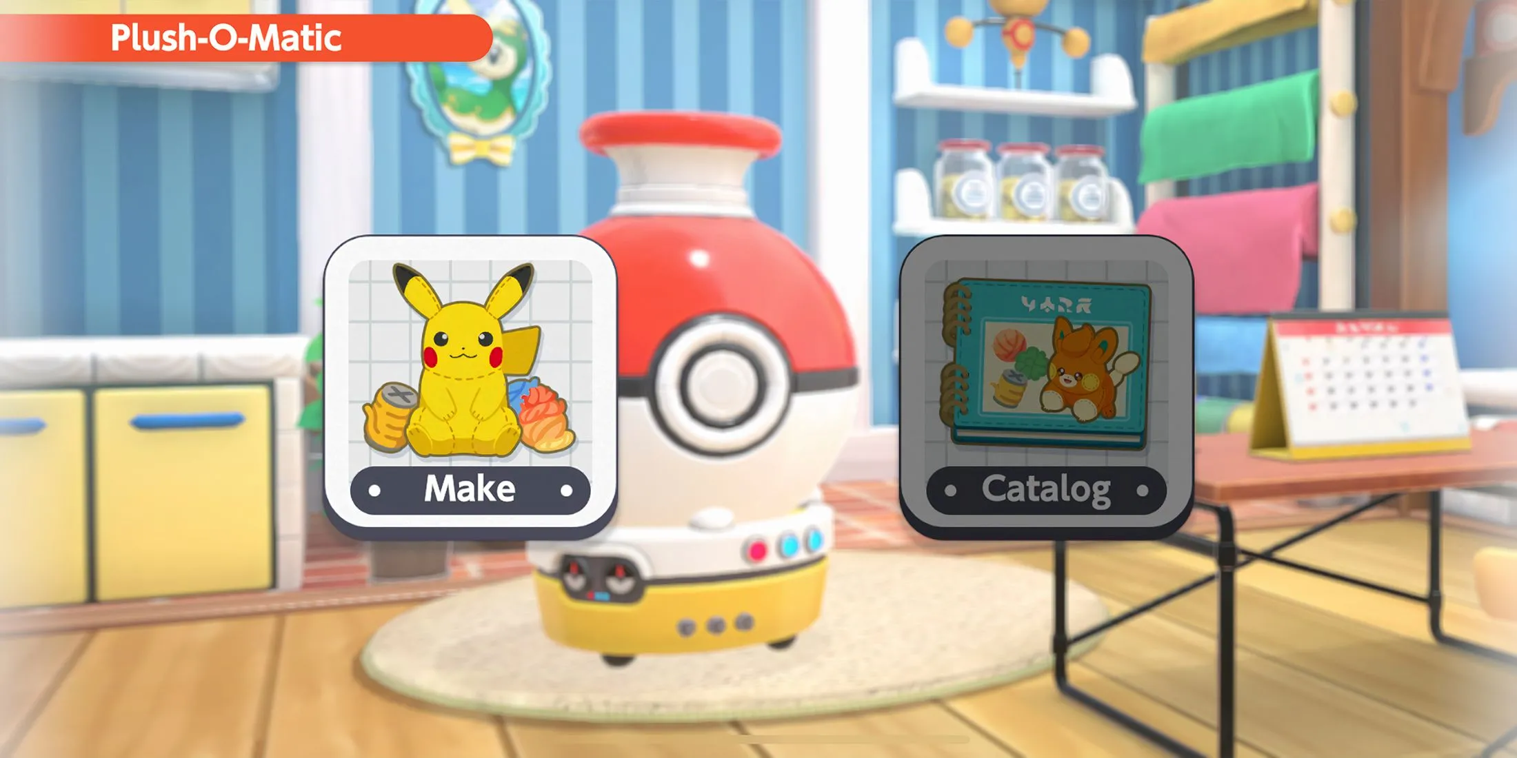Giao diện menu chính của game Pokemon Friends, nơi người chơi có thể truy cập các tính năng như giải đố, tạo thú nhồi bông và quản lý bộ sưu tập.