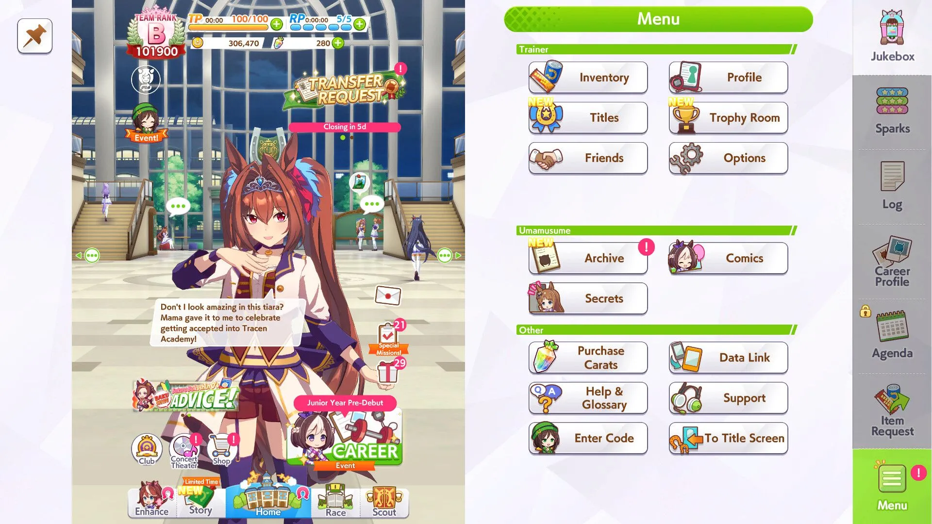 Giao diện menu chính trong game Umamusume Pretty Derby bản tiếng Anh