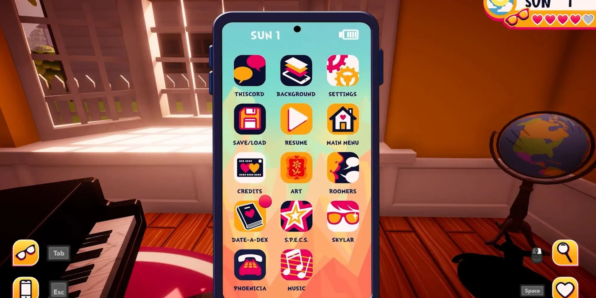 Giao diện menu trong game Date Everything! dưới dạng điện thoại.
