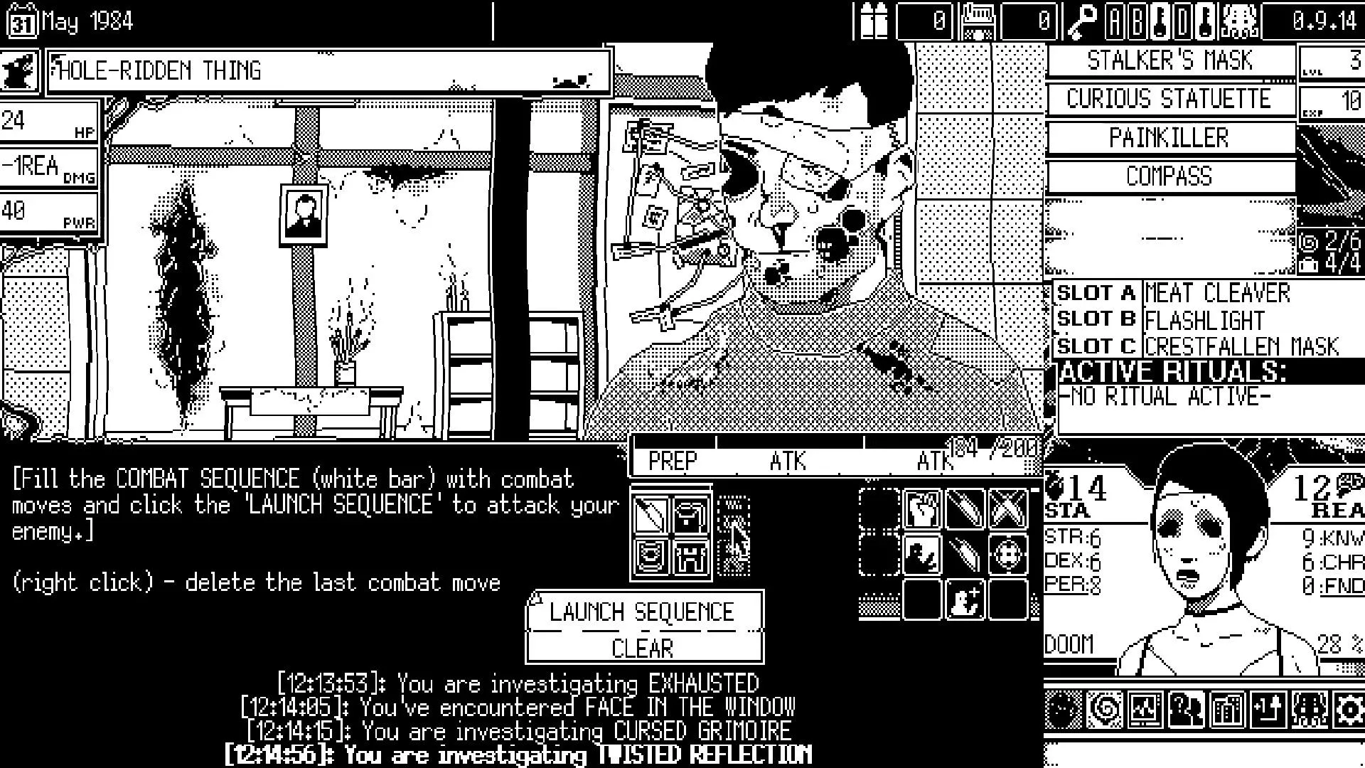 Giao diện trong game World of Horror, tái hiện một bệnh viện ma quái với đồ họa 1-bit kinh dị đặc trưng.