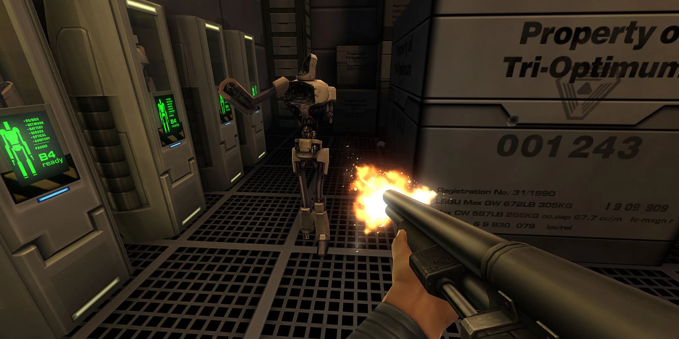 Góc nhìn người thứ nhất khi chiến đấu bằng súng shotgun trong System Shock 2 Remaster.