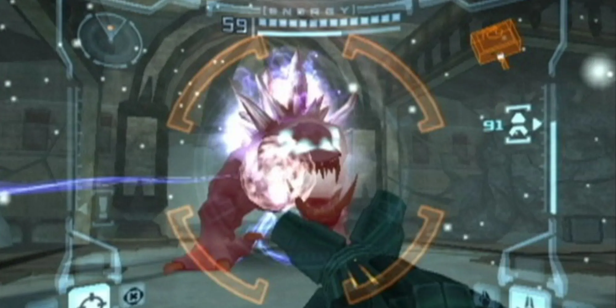 Góc nhìn thứ nhất trong Metroid Prime, thể hiện môi trường ngoài hành tinh chi tiết và các hiệu ứng hình ảnh đặc trưng