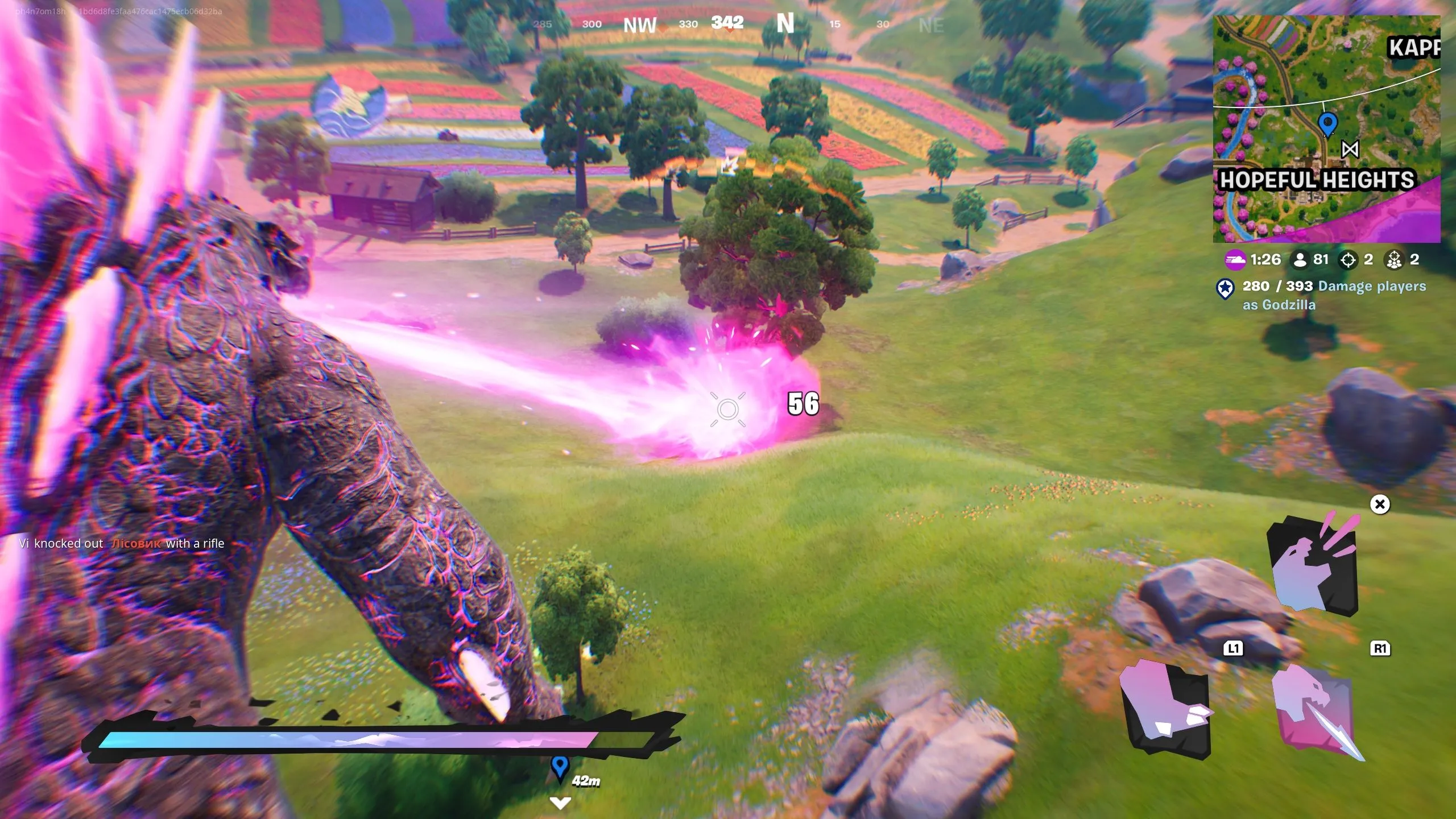 Godzilla bắn tia năng lượng vào người chơi trong Fortnite, gợi nhớ đến sự bùng nổ giận dữ của những &quot;rage quitter&quot; trong game.