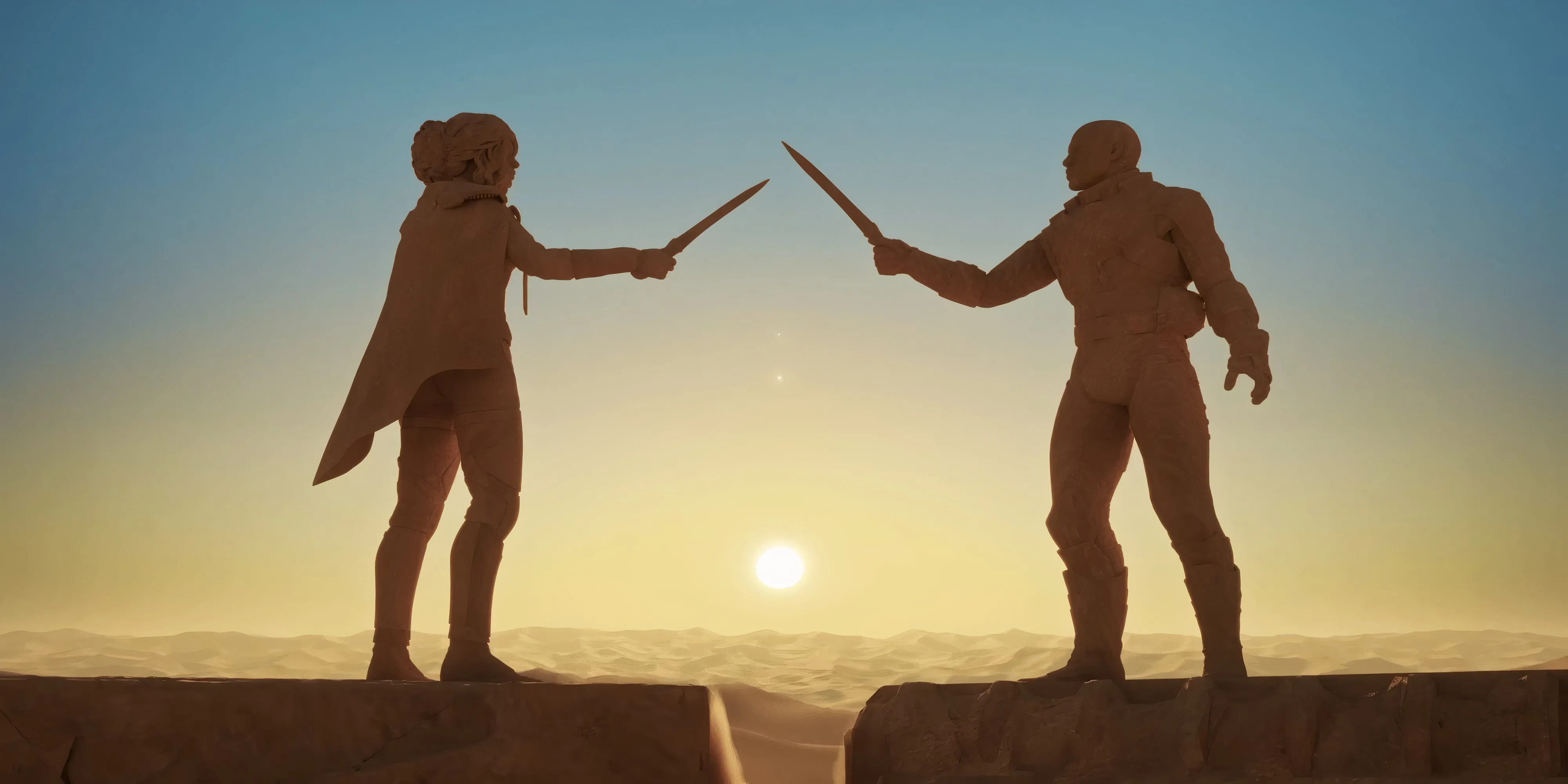 Hai bức tượng chiến binh hùng vĩ dưới hoàng hôn sa mạc Arrakis trong Dune: Awakening
