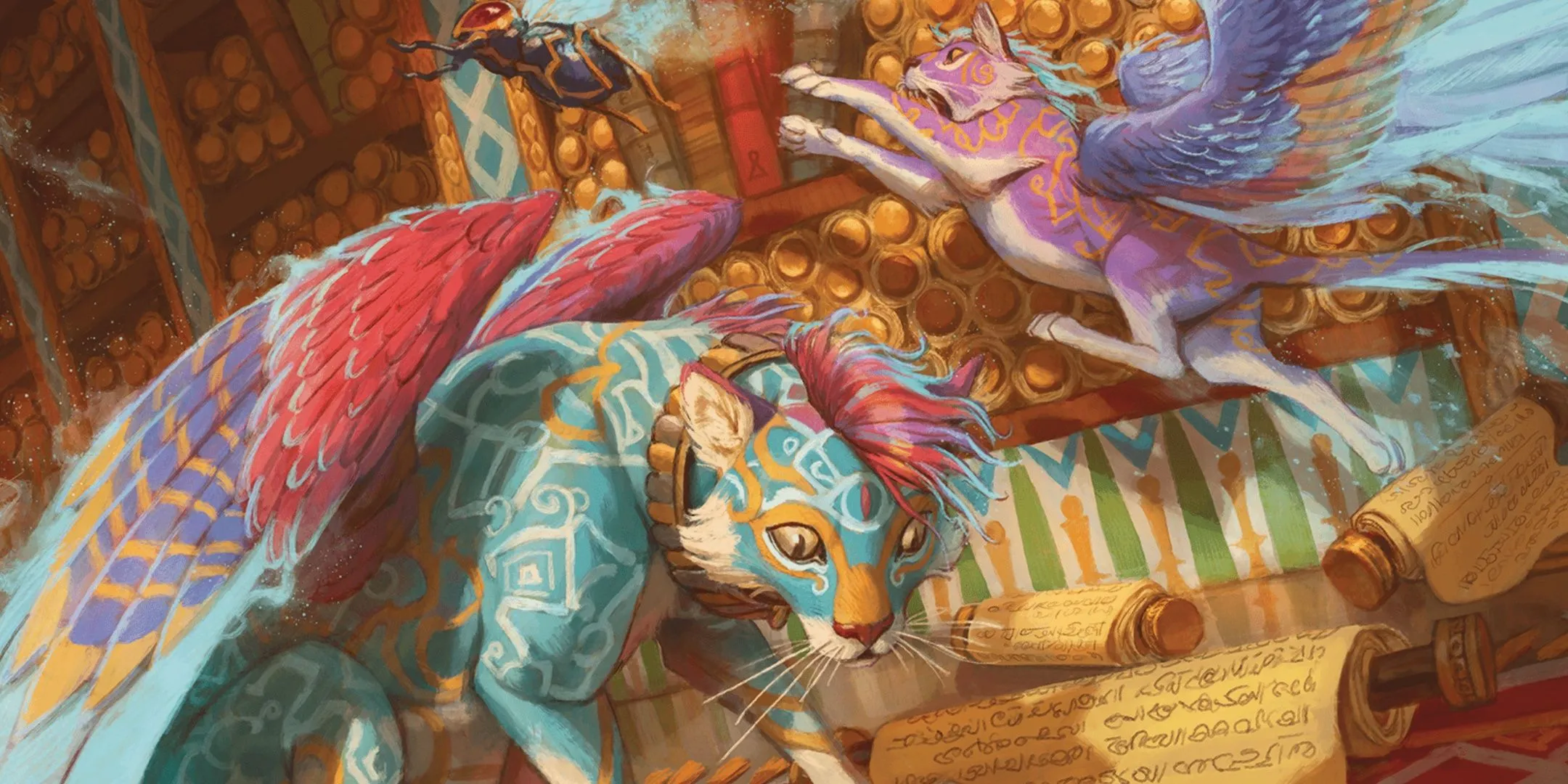 Hai con Sphinx of Wonder, loài mèo có cánh, đang ở một khu vực đá cổ kính.