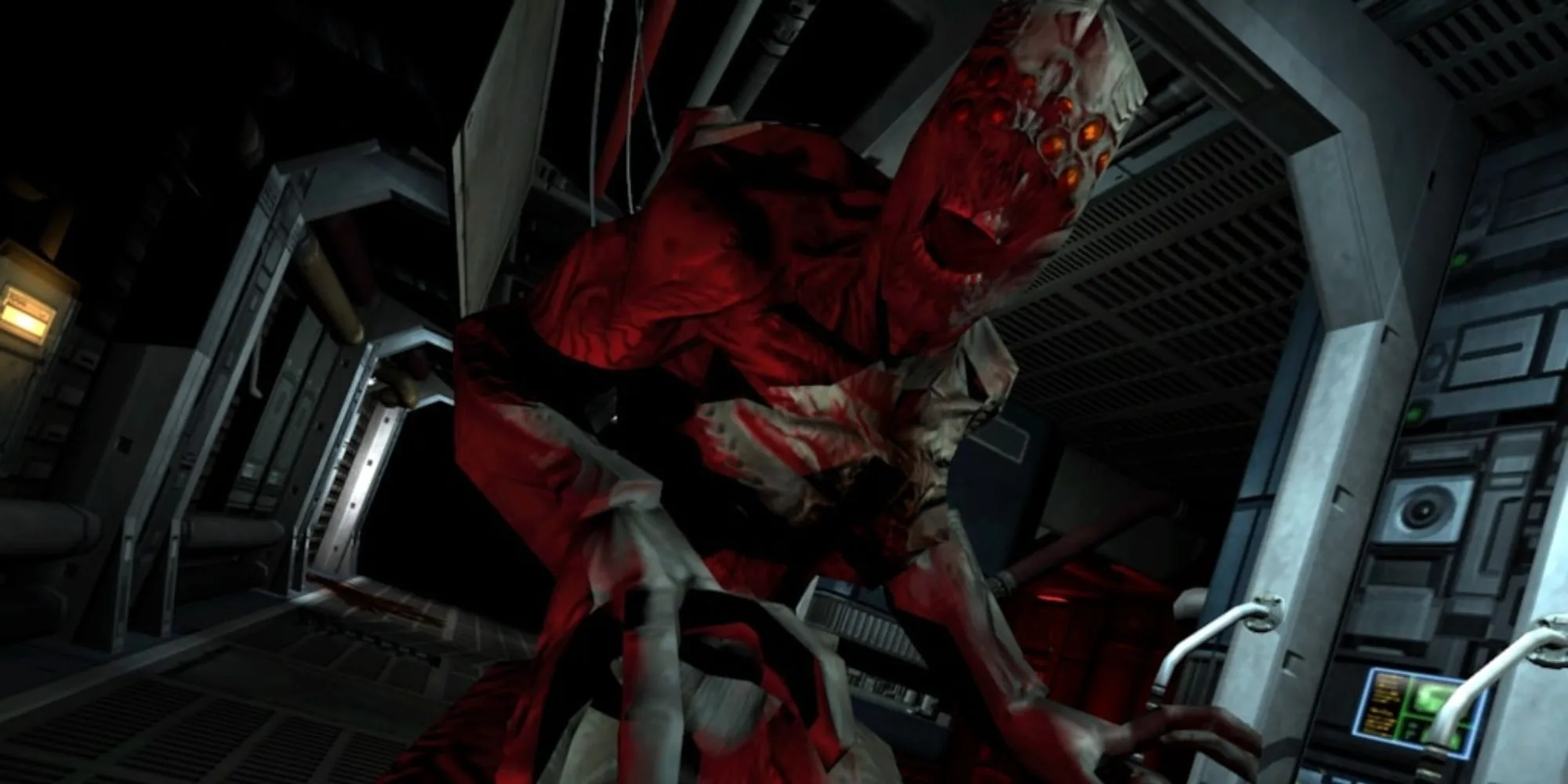 Hiệu ứng ánh sáng ấn tượng trong bối cảnh hành lang tối tăm của Doom 3