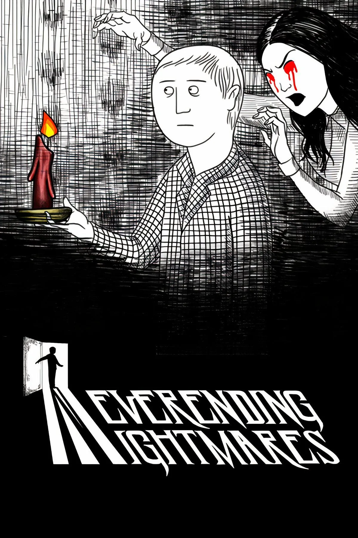 Hình ảnh bìa game kinh dị tâm lý Neverending Nightmares, thể hiện phong cách đồ họa vẽ tay đen trắng.