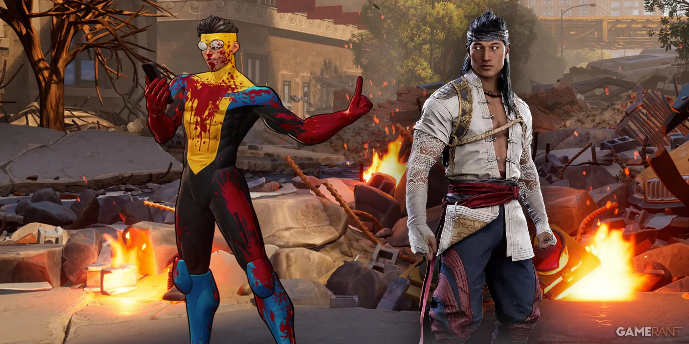 Hình ảnh gameplay Invincible VS với đoạn hội thoại trước trận đấu, gợi nhắc phong cách Mortal Kombat