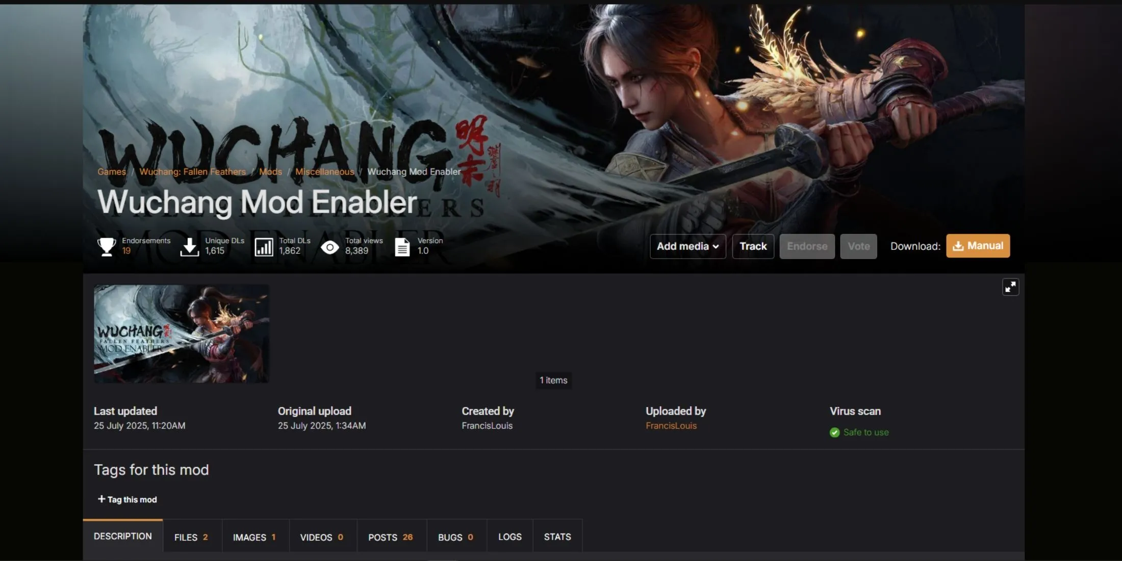 Hình ảnh giao diện của Wuchang Mod Enabler, công cụ cần thiết để kích hoạt các mod trong game.